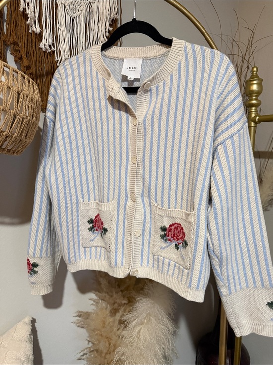 Le Lis Sweaters - Le Lis Cream and Light Blue Striped Cardigan with Rose Pocket Embroidery